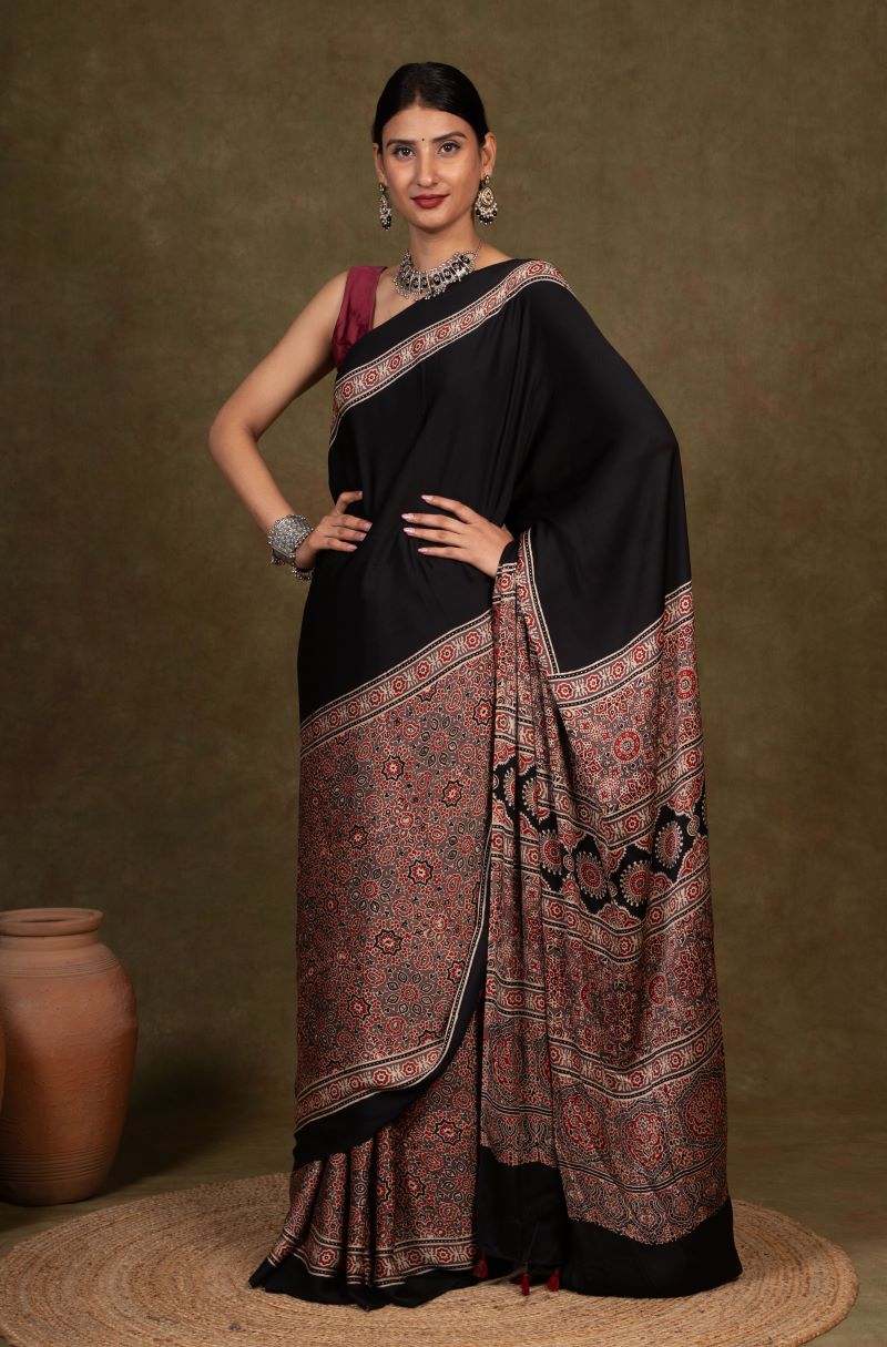 Black Earthy Jaal Ajrakh Modal Silk Saree