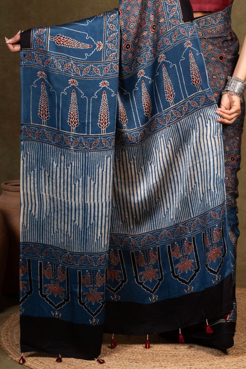 Indigo Pine Ajrakh Modal Silk Saree