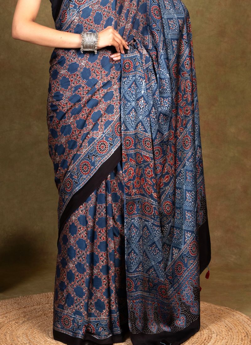 Indigo Hexa String Ajrakh Modal Silk Saree
