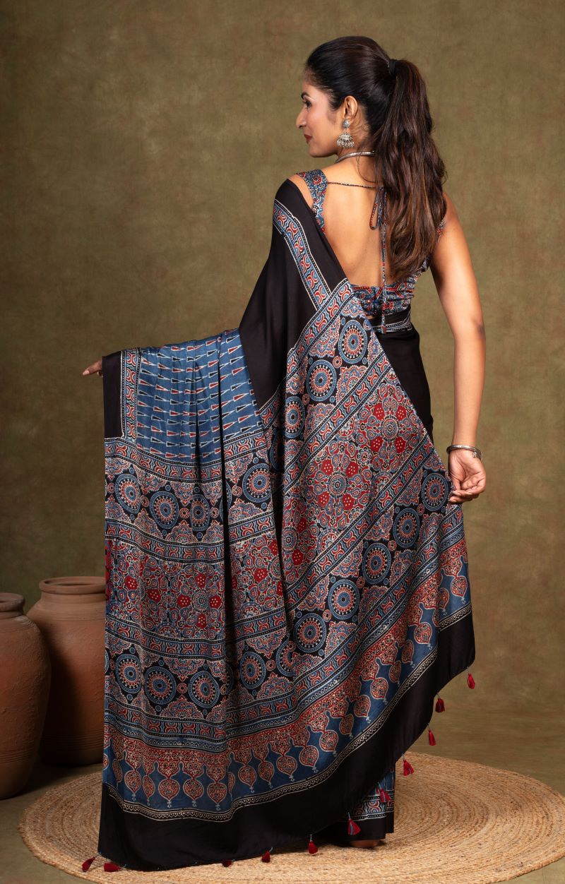 Black By Blue Tikon Ajrakh Modal Silk Saree