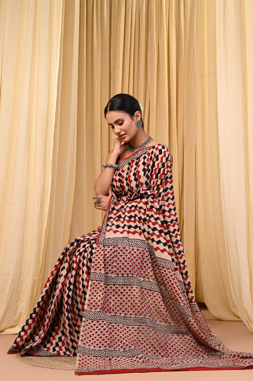 Premium Mul Cotton Hand Block Printed Saree With Blouse Piece