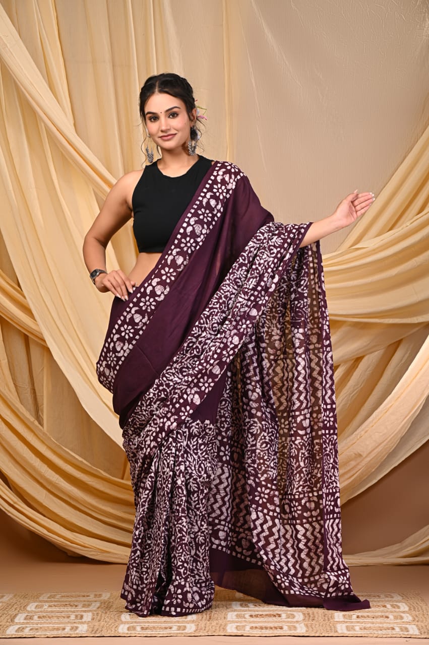 Premium Mul Cotton Hand Block Printed Saree With Blouse Piece