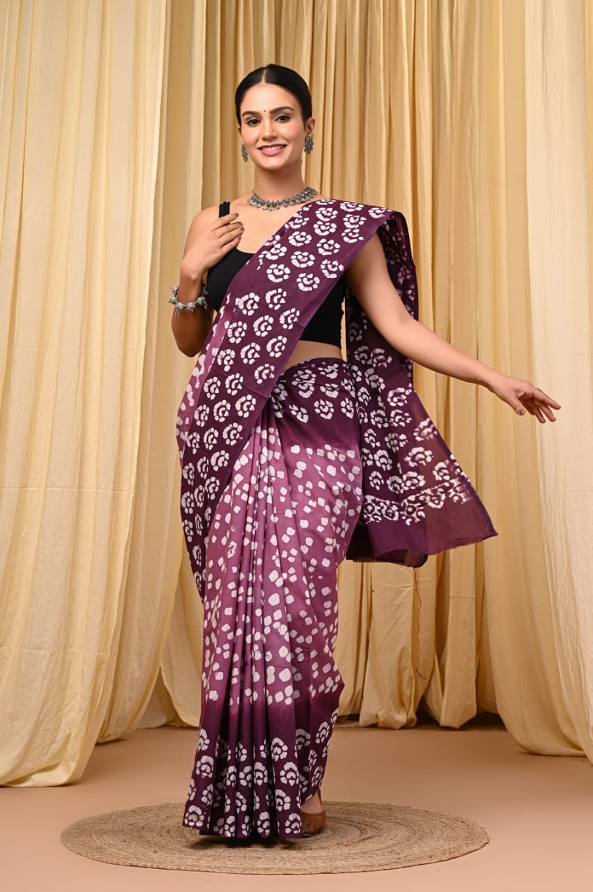 Premium Mul Cotton Hand Block Printed Saree With Blouse Piece