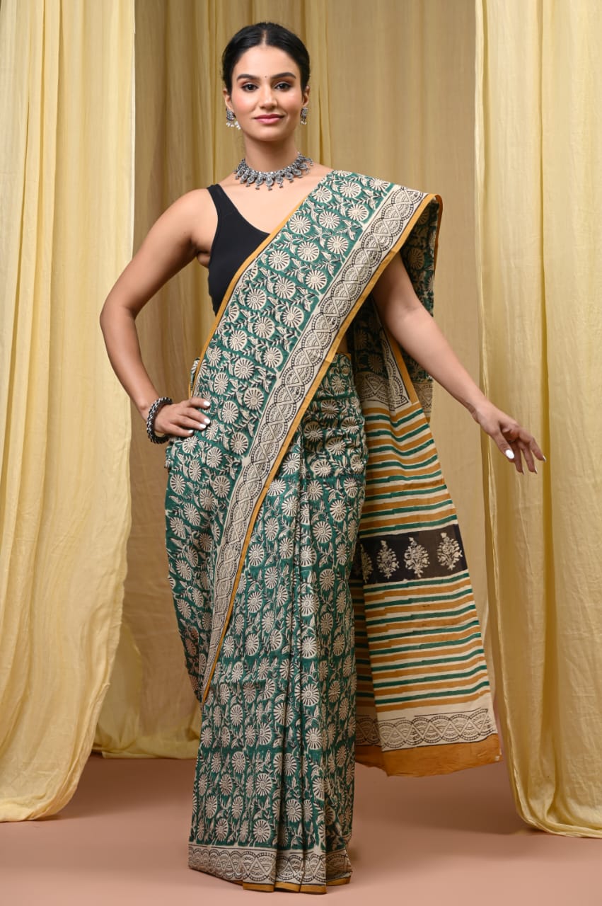 Premium Mul Cotton Hand Block Printed Saree With Blouse Piece