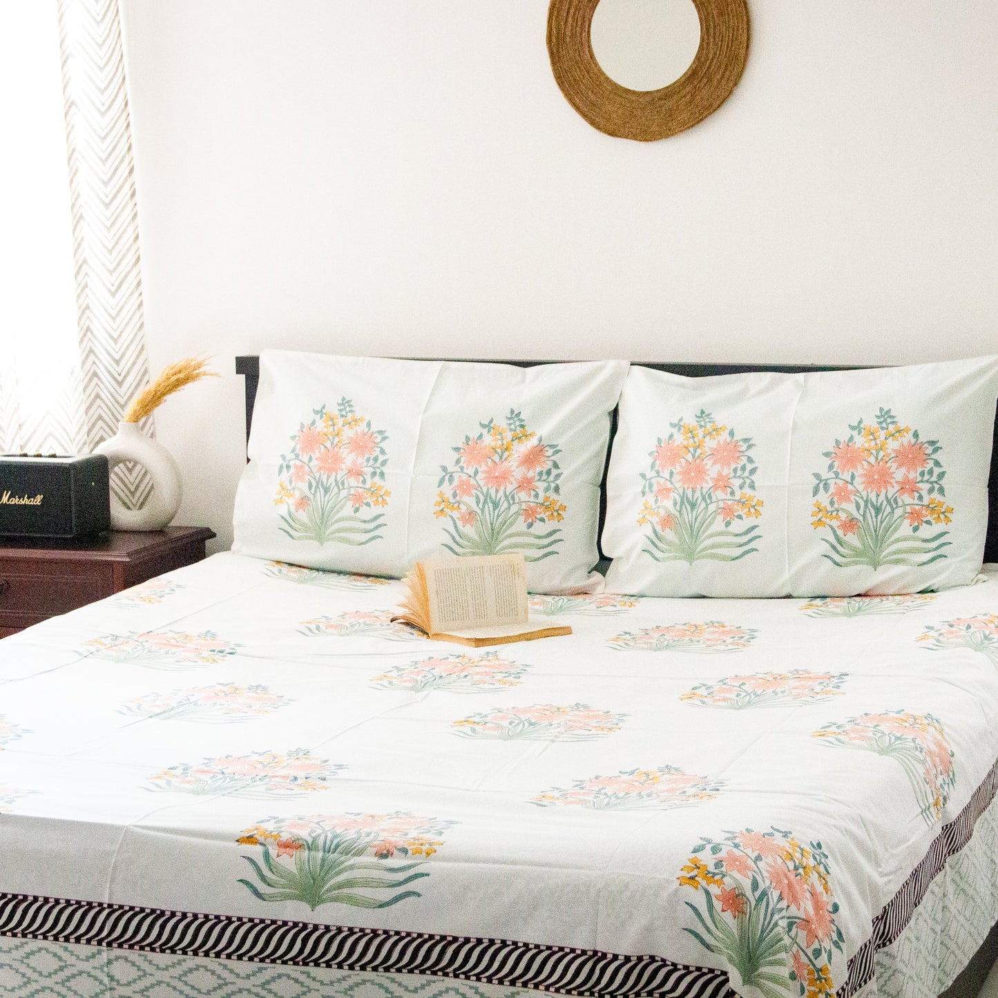 Mogra Hand Block Printed Cotton King Size Bedsheet Set