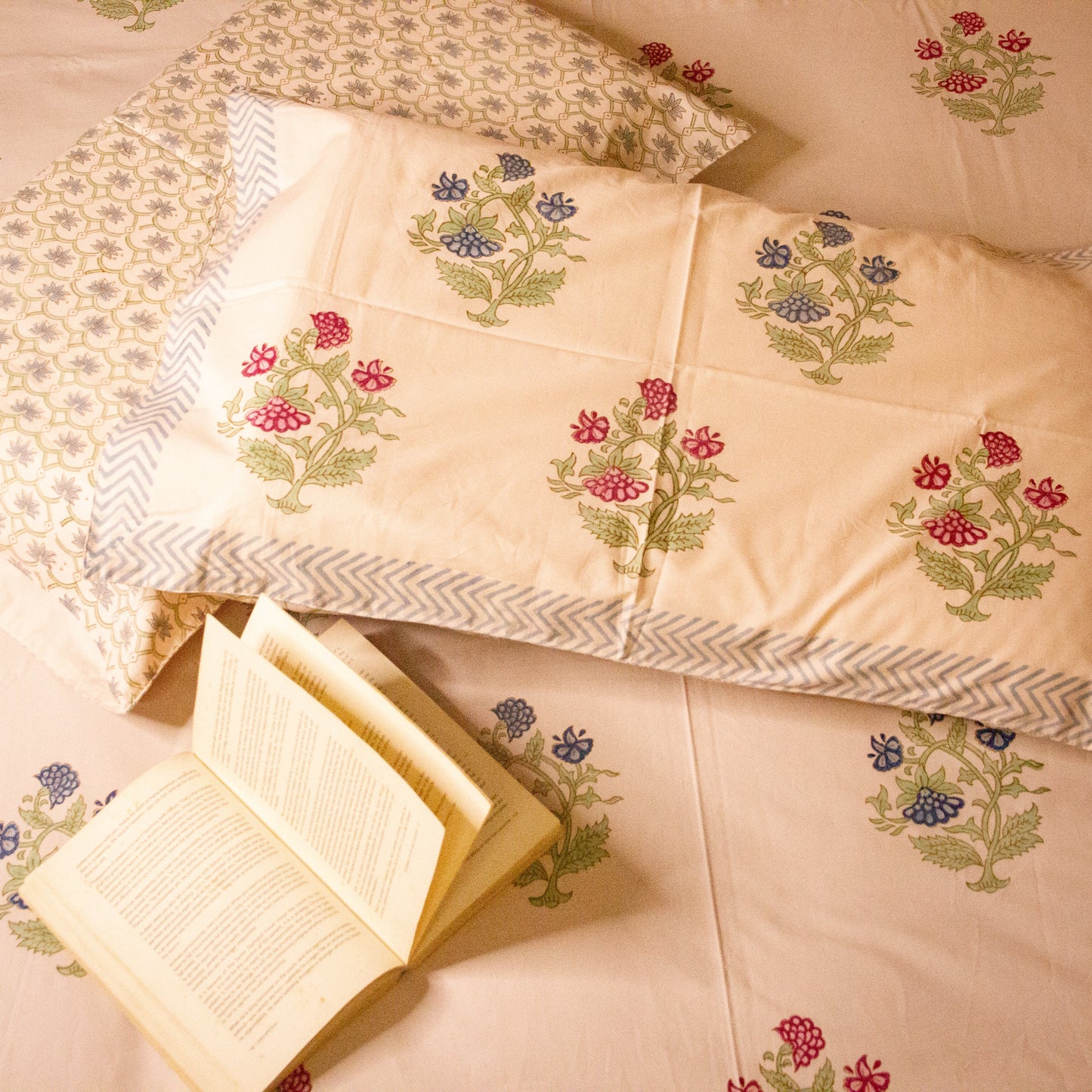 Azure Blossom Pink Base Hand Block Printed Cotton King Size Bedsheet Set