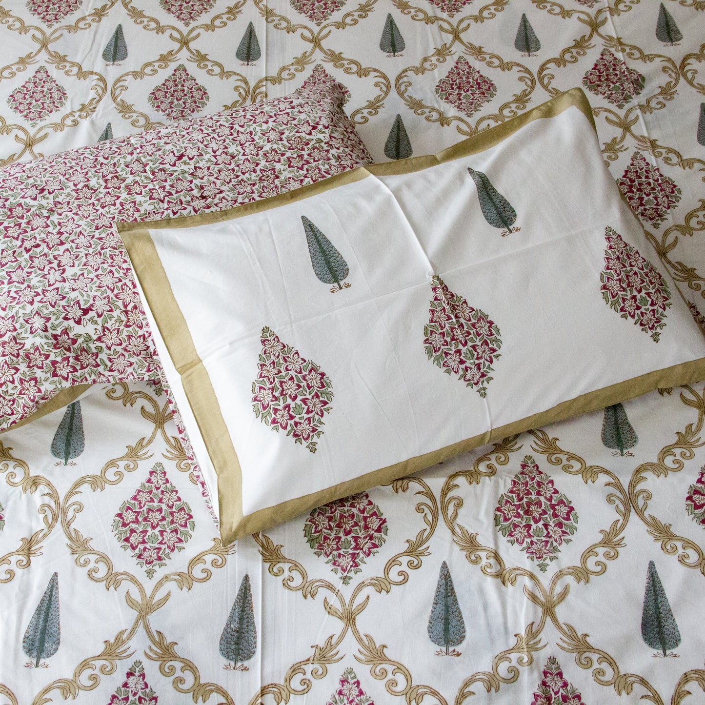 Champa Blossom Hand Block Printed Cotton King Size Bedsheet Set