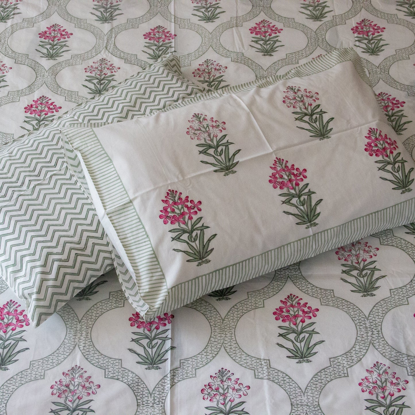 Blooming Meadows Block Printed Bed Sheet Pure Cotton Super King Bedsheet by Heritagewear