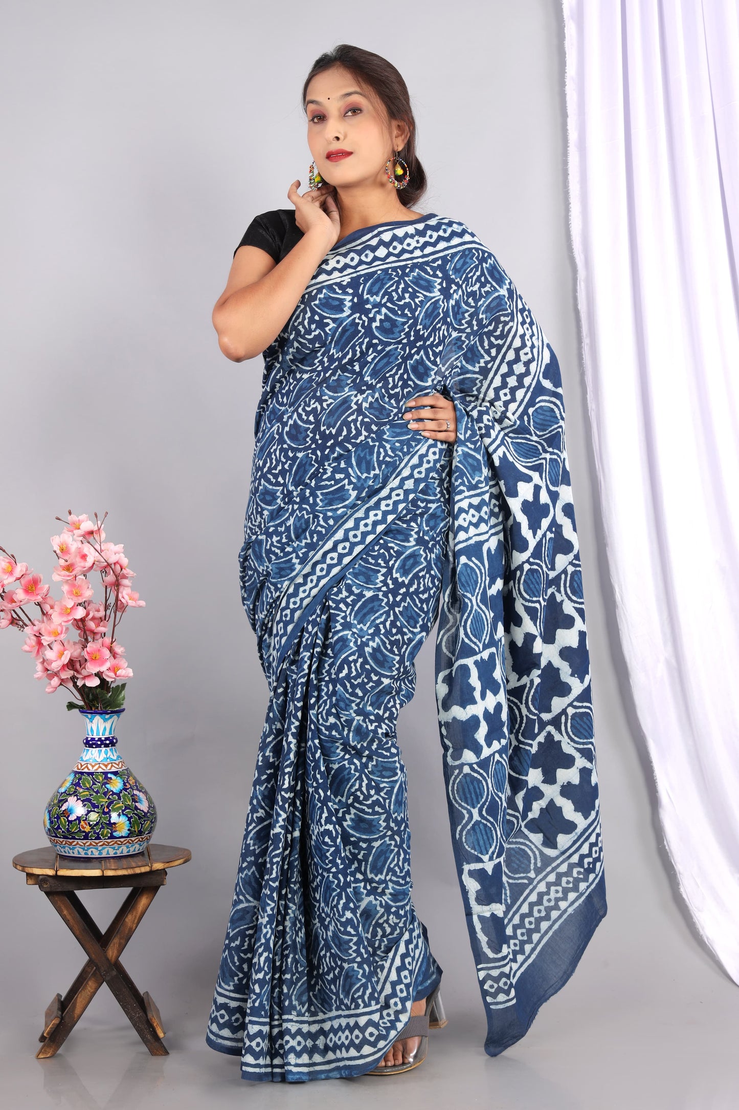 Indigo Dabu Hand Block Printed Cotton Saree With Blouse Piece
