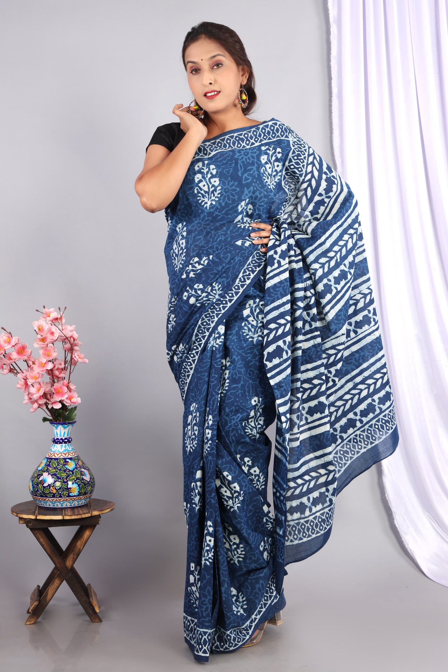 Indigo Dabu Hand Block Printed Cotton Saree With Blouse Piece