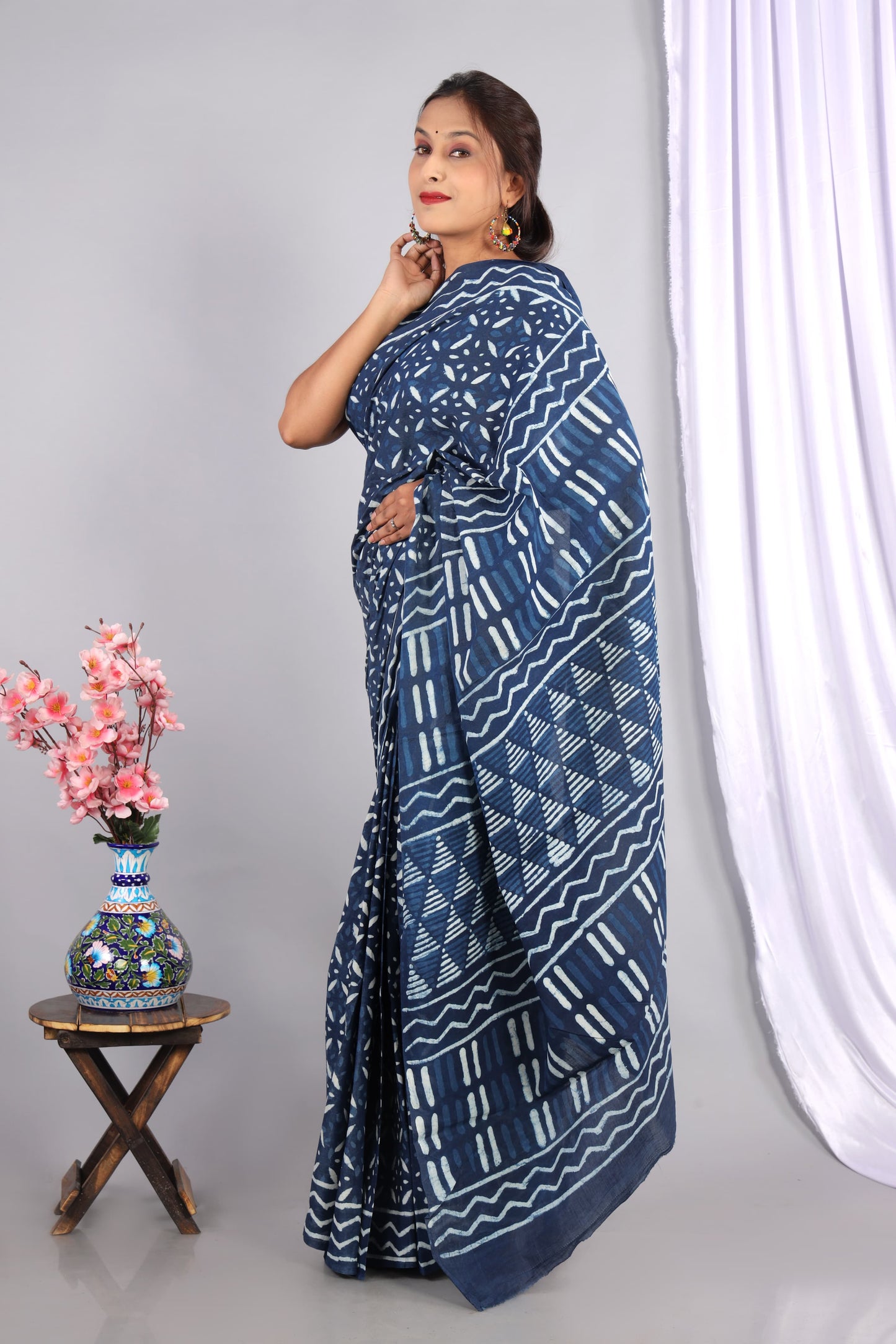 Indigo Dabu Hand Block Printed Cotton Saree With Blouse Piece