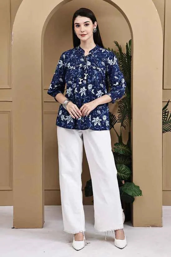 Blue Petal Chic Cotton Jaipuri Printed Short Top