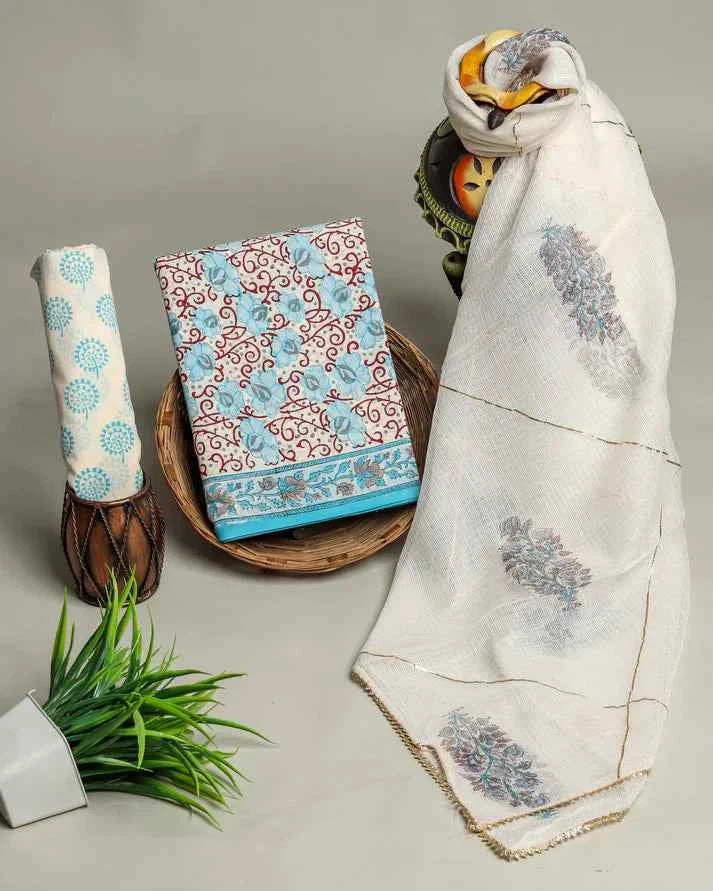 Sky Blue and White Grey Kota Doriya Lace Dupatta Suit