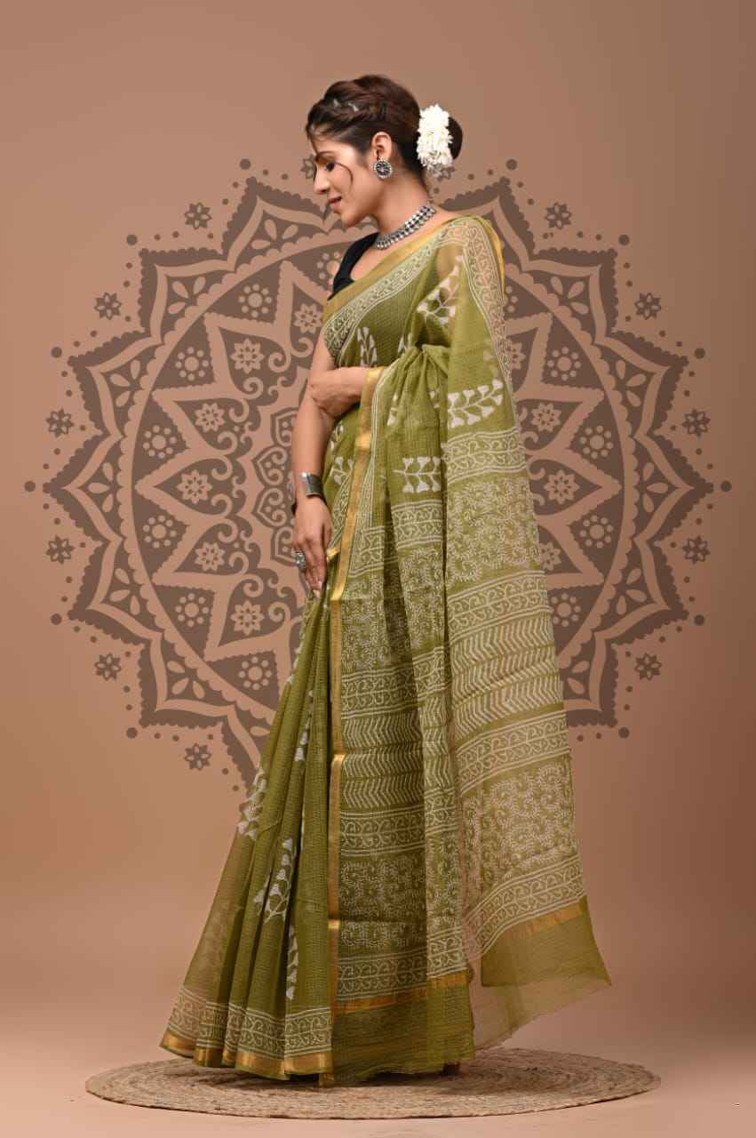 Olive Elegance Geometric Cotton Kota Doria Saree