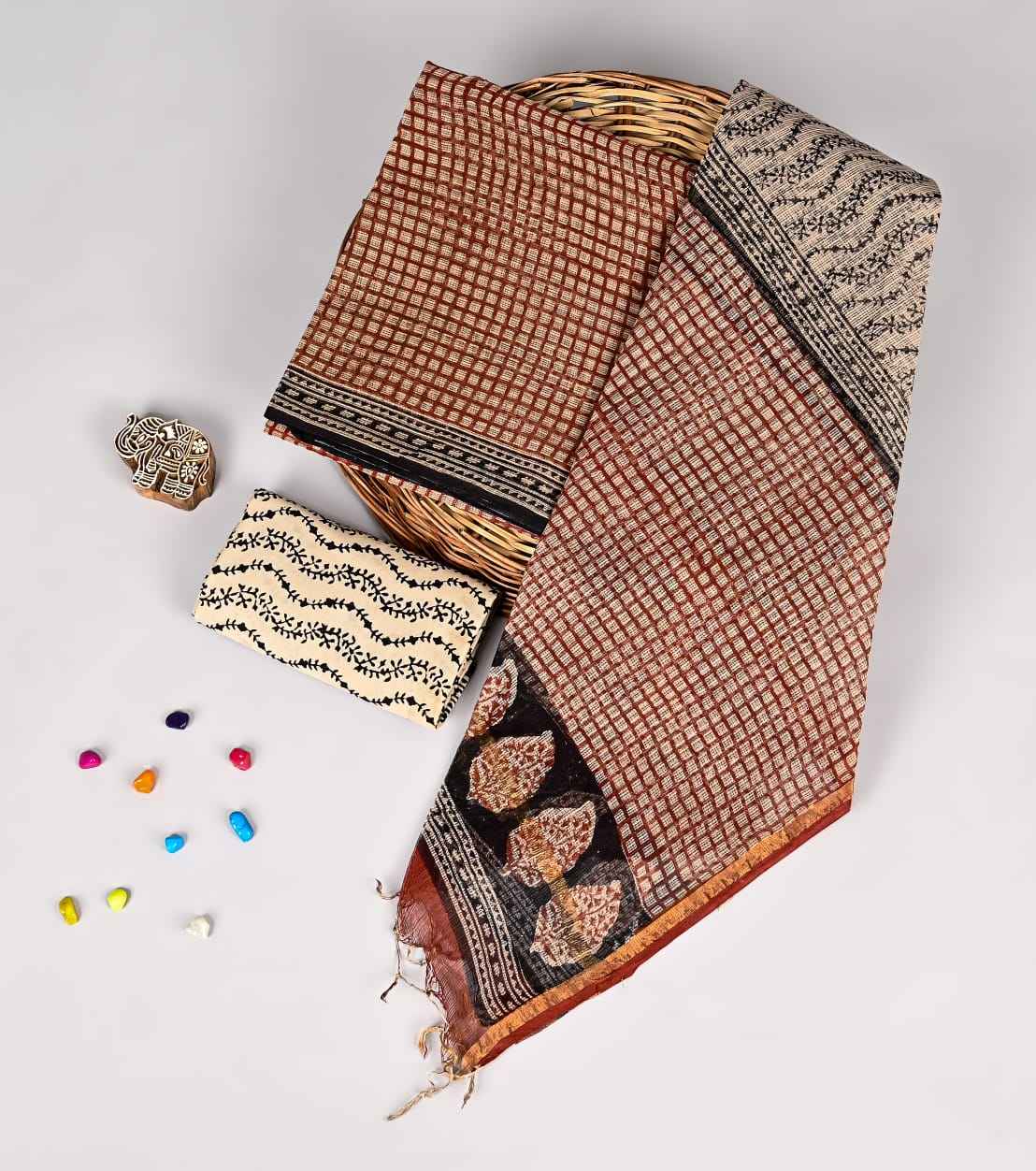 Golden Red Print Kota Doriya Lace Dupatta Suit