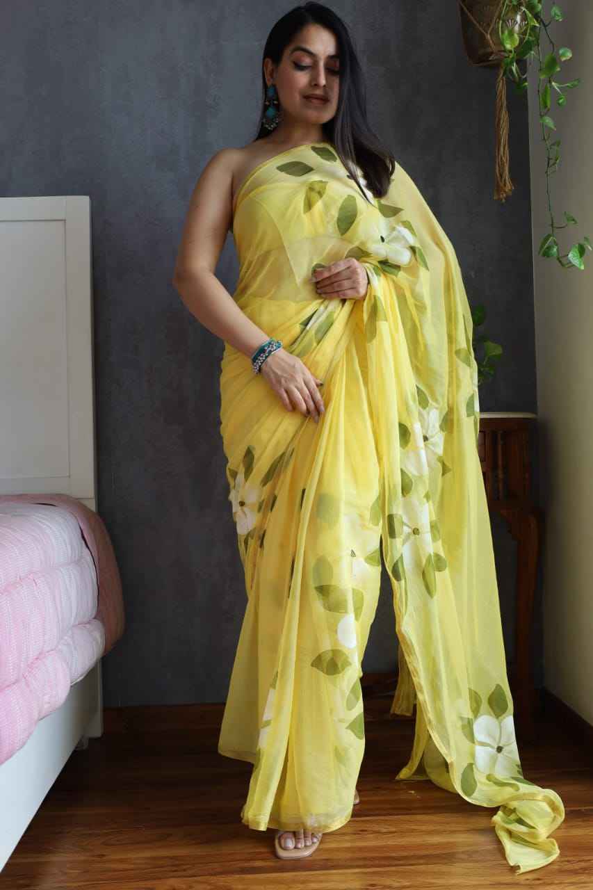 Lemon Floral Chiffon Saree