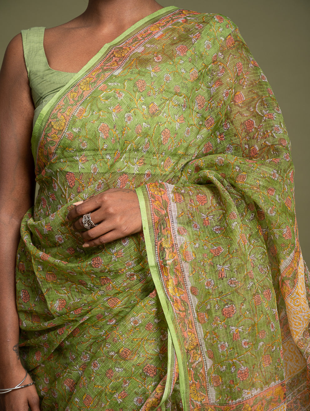 Light & Breezy. Sanganeri Hand Block Printed Kota Doria - Green Flora