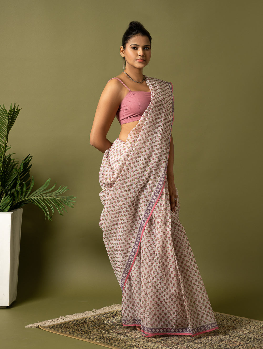 Light & Breezy. Sanganeri Hand Block Printed Kota Doria - Pink Florets