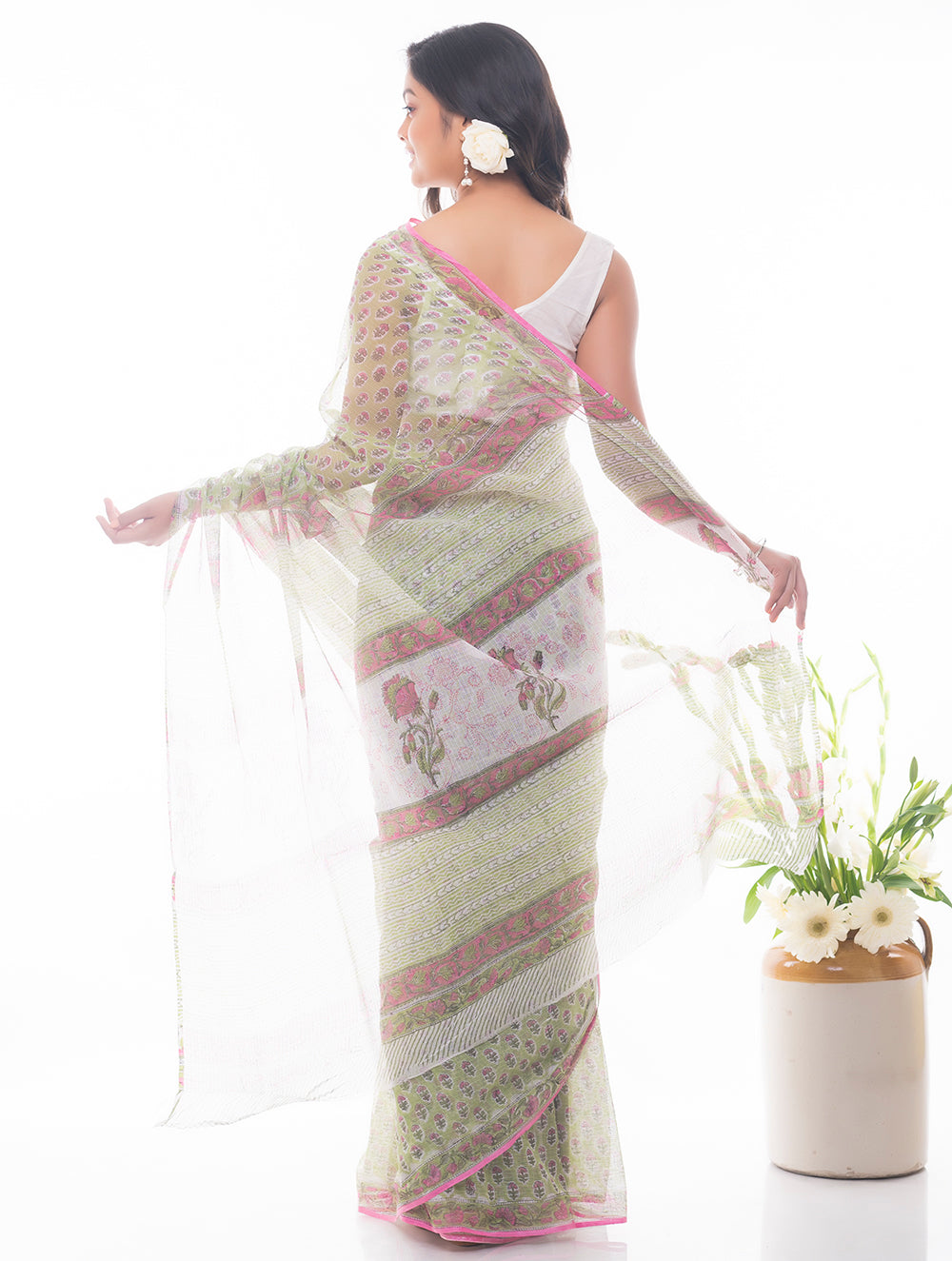 Light & Breezy. Sanganeri Kota Doria Saree - Soft Green Flora