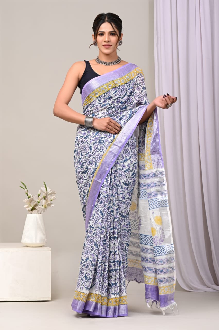 Linen Cotton Bagru Hand Block Saree With Blouse Piece