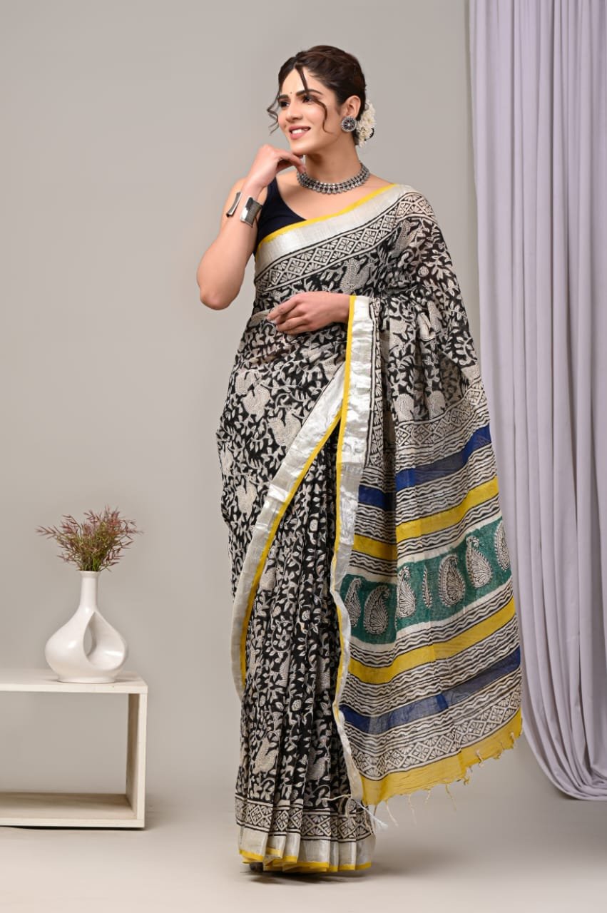 Linen Cotton Bagru Hand Block Saree With Blouse Piece