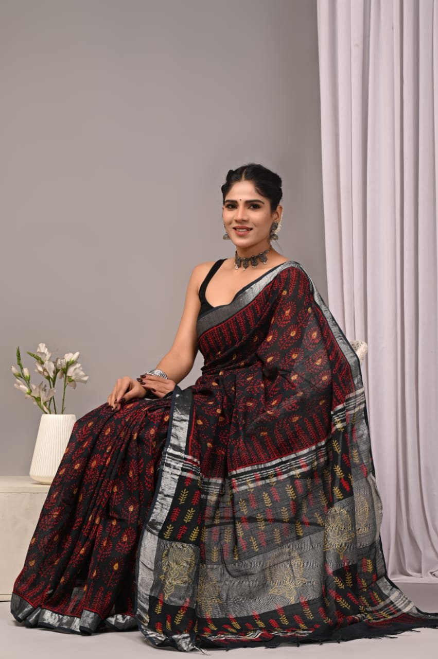 Linen Cotton Bagru Hand Block Saree With Blouse Piece
