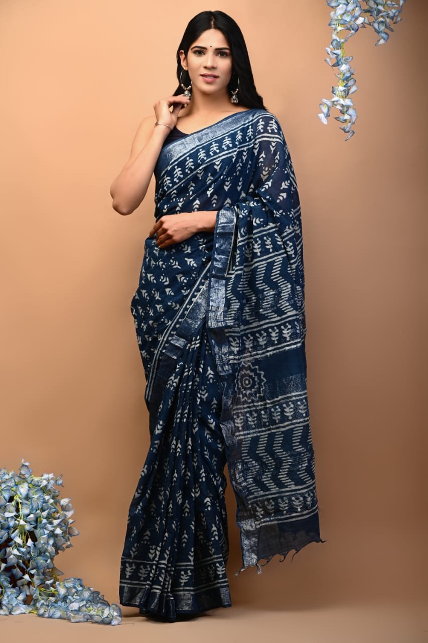 Linen Cotton Bagru Hand Block Saree With Blouse Piece
