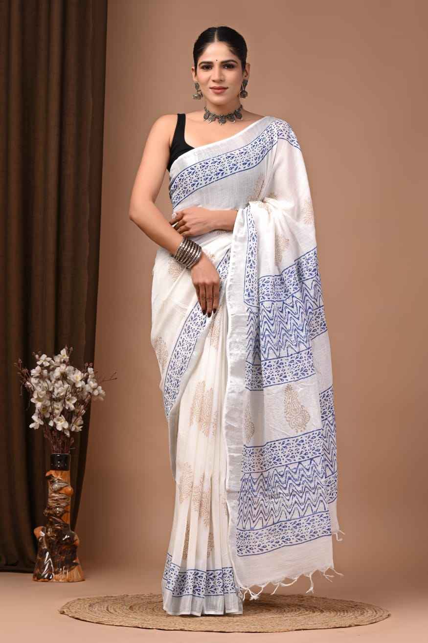 Sky Blue Floral Harmony Linen Fabric Saree