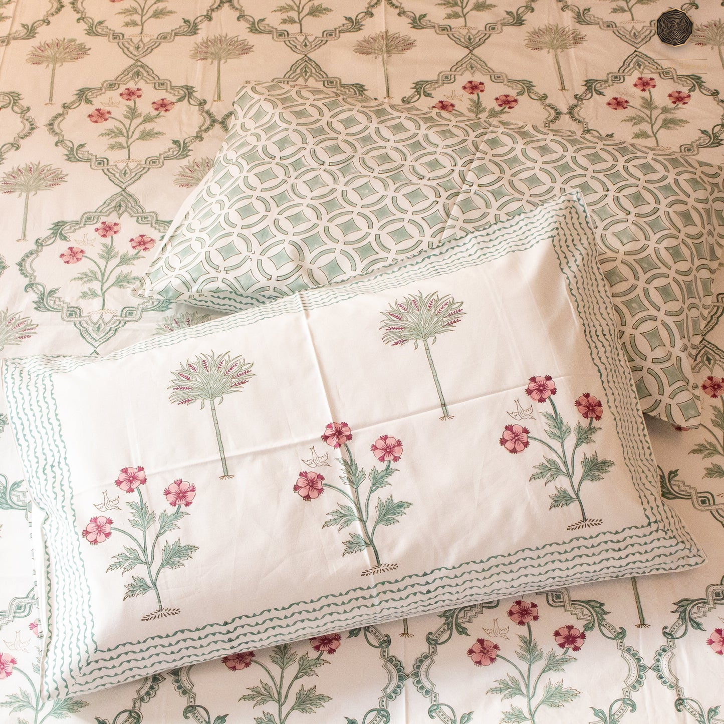 Gardenia Blooms Hand Block Printed Cotton King Size Bedsheet Set