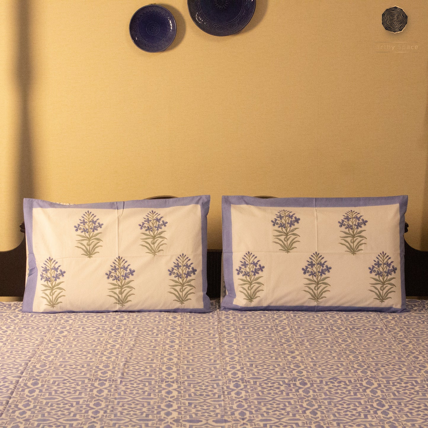 TULA Sky Blue Hand Block Printed Cotton King Size Bedsheet Set