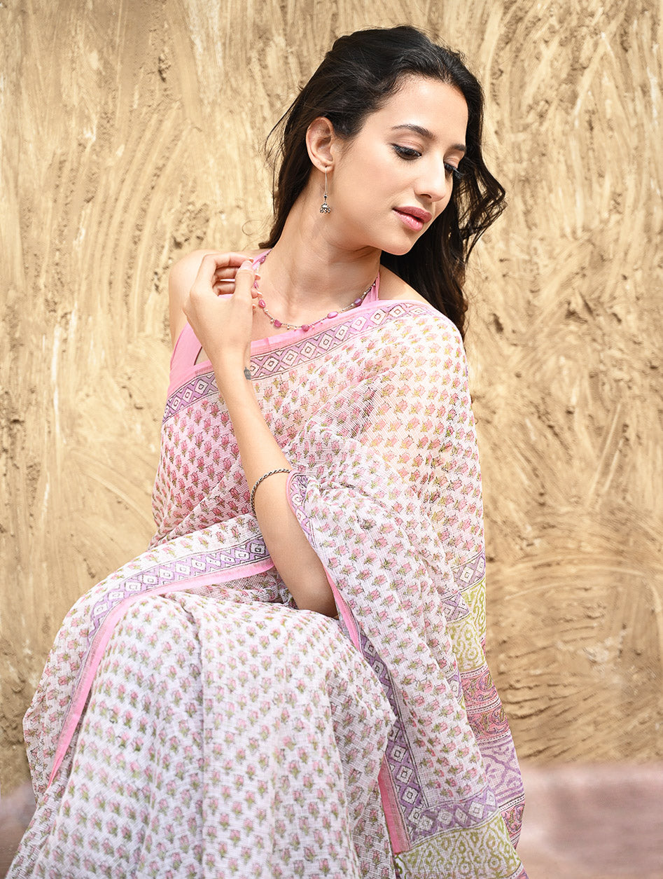Sanganer Summers : Hand Block Printed Kota Doria Saree - Gulabi Jaal