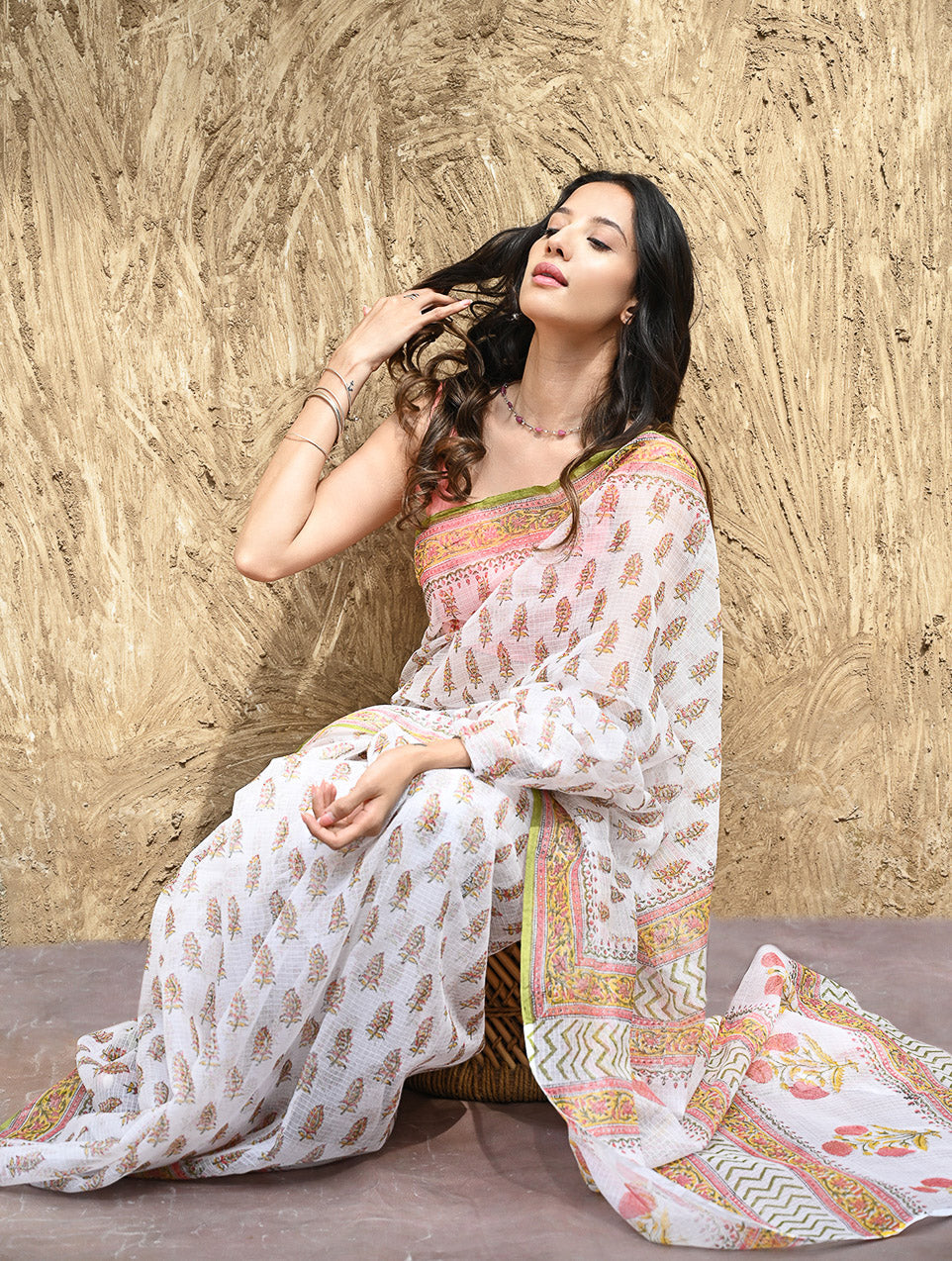 Sanganer Summers : Hand Block Printed Kota Doria Saree - Basant Garden