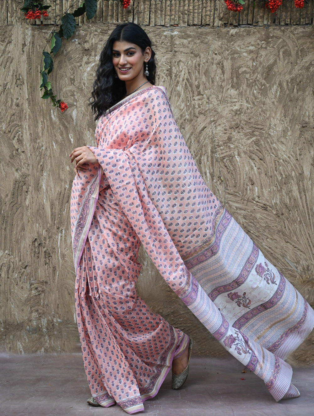 Sanganer Summers : Hand Block Printed Chanderi Saree - Gulabi Pushpa