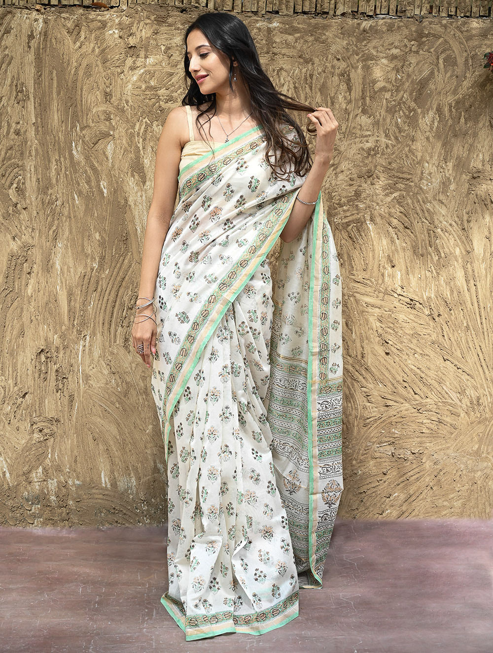 Sanganer Summers : Hand Block Printed Chanderi Saree - Ivory Blooms