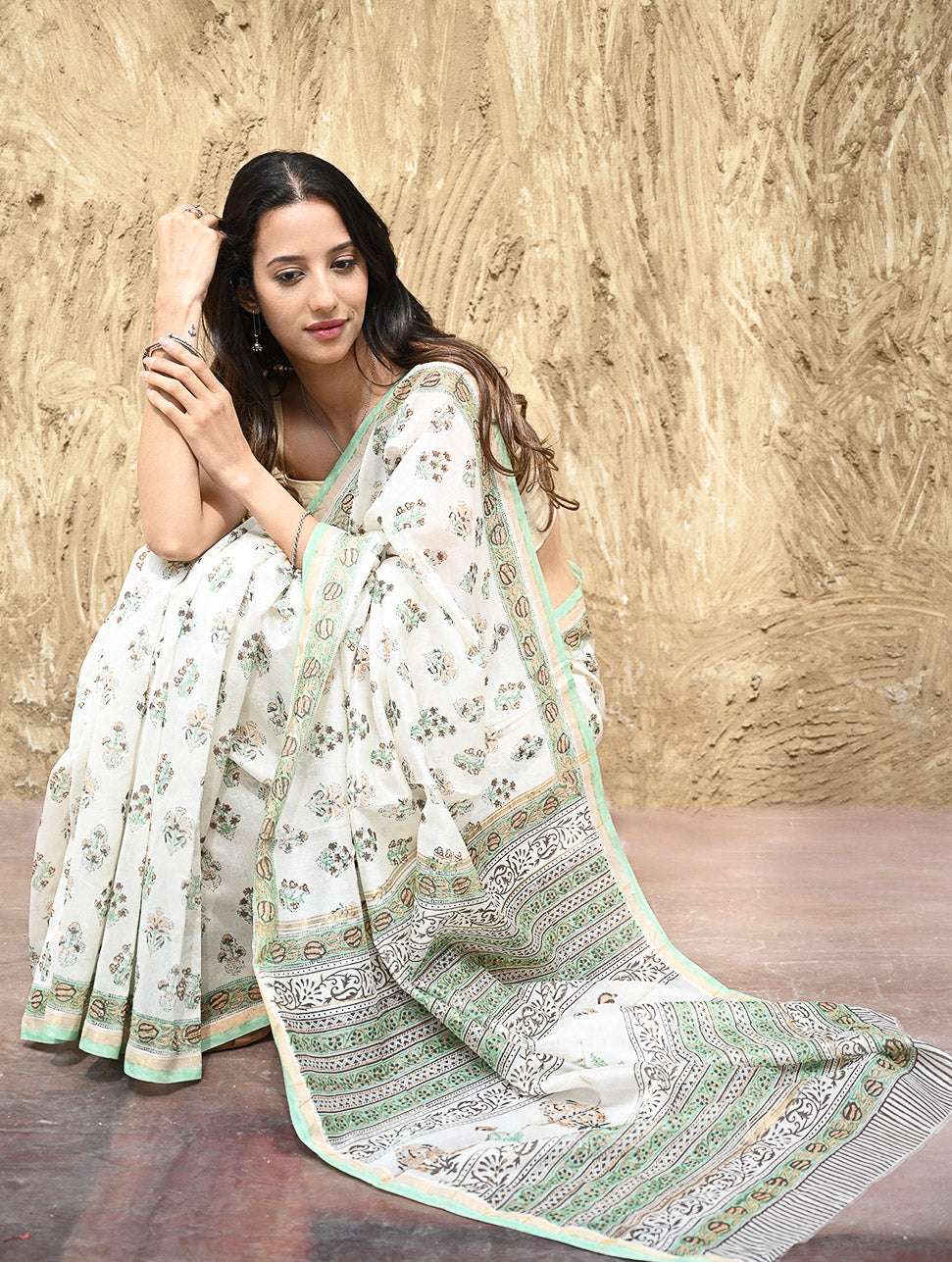 Sanganer Summers : Hand Block Printed Chanderi Saree - Ivory Blooms