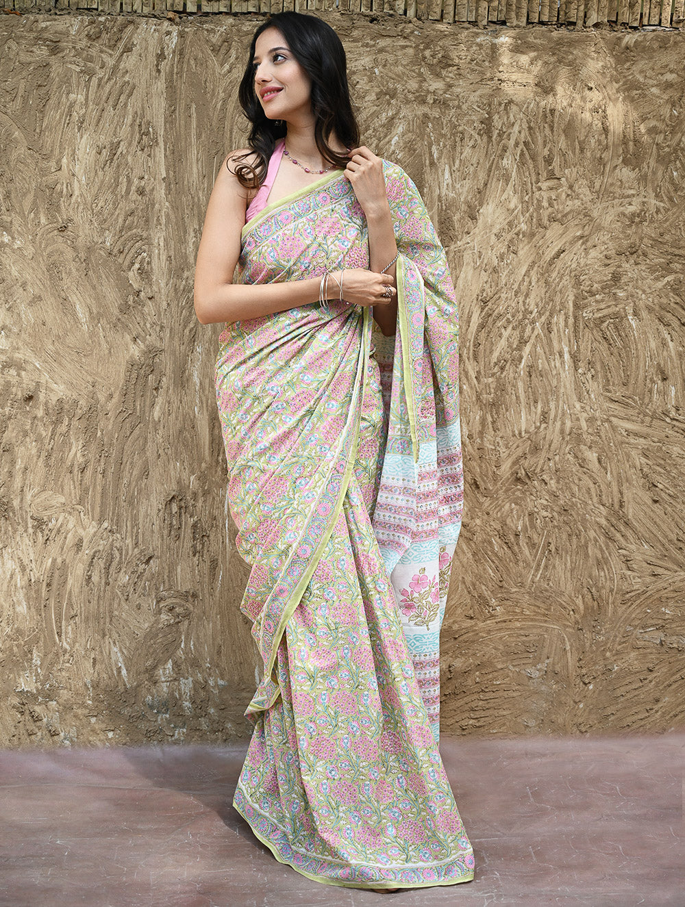 Sanganer Summers : Hand Block Printed Cotton Saree - Sweet Alyssum