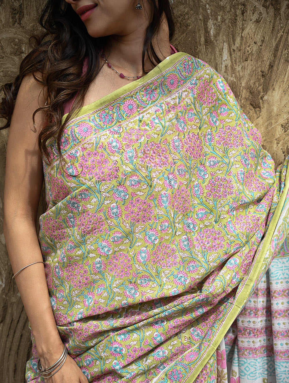 Sanganer Summers : Hand Block Printed Cotton Saree - Sweet Alyssum