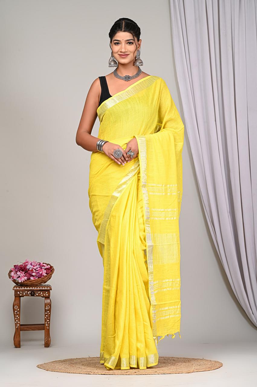 Plain Linen Cotton Saree With Blouse Piece