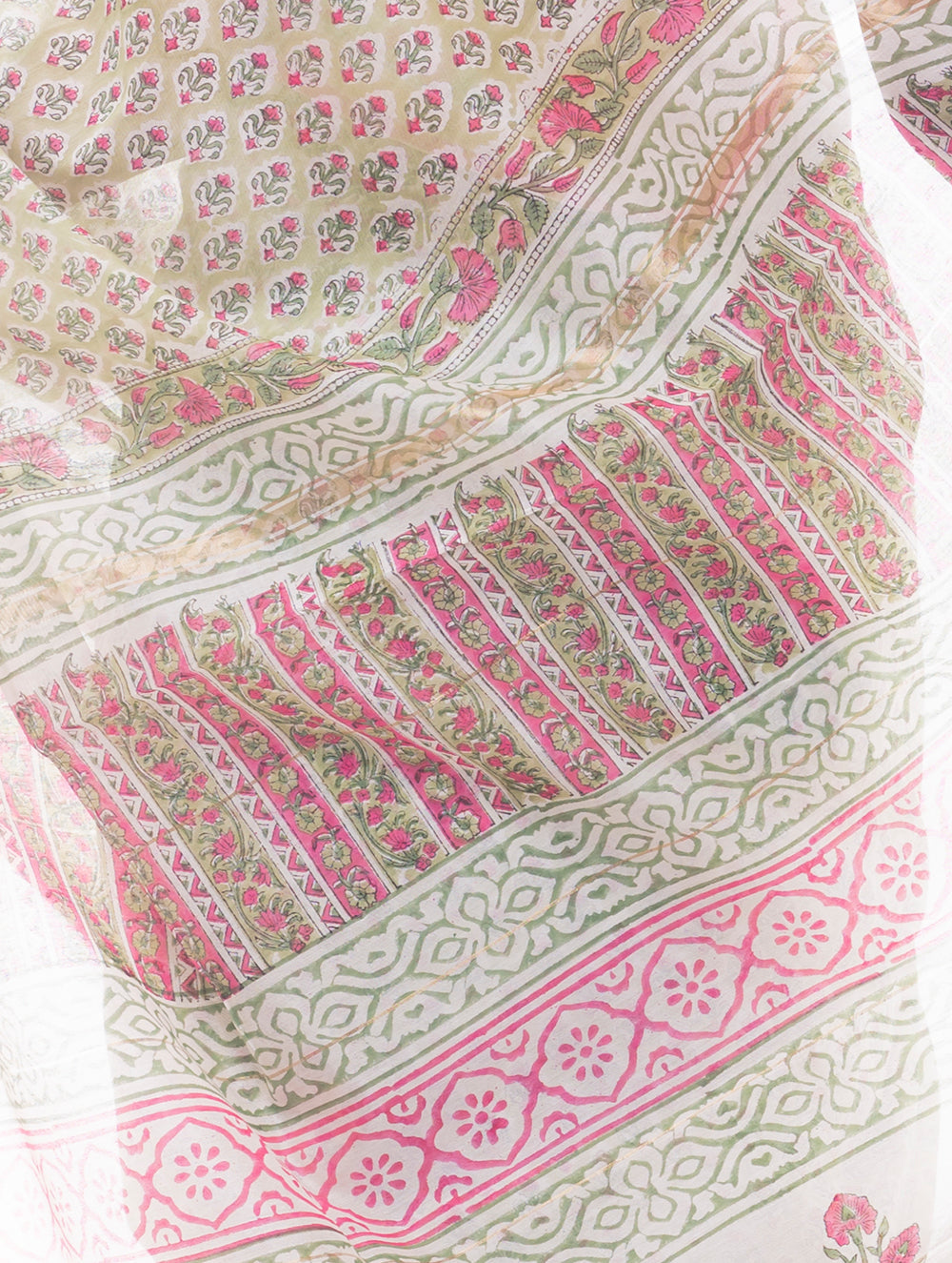 Summer Florals. Sanganeri Block Printed Chanderi Saree - Floral Green