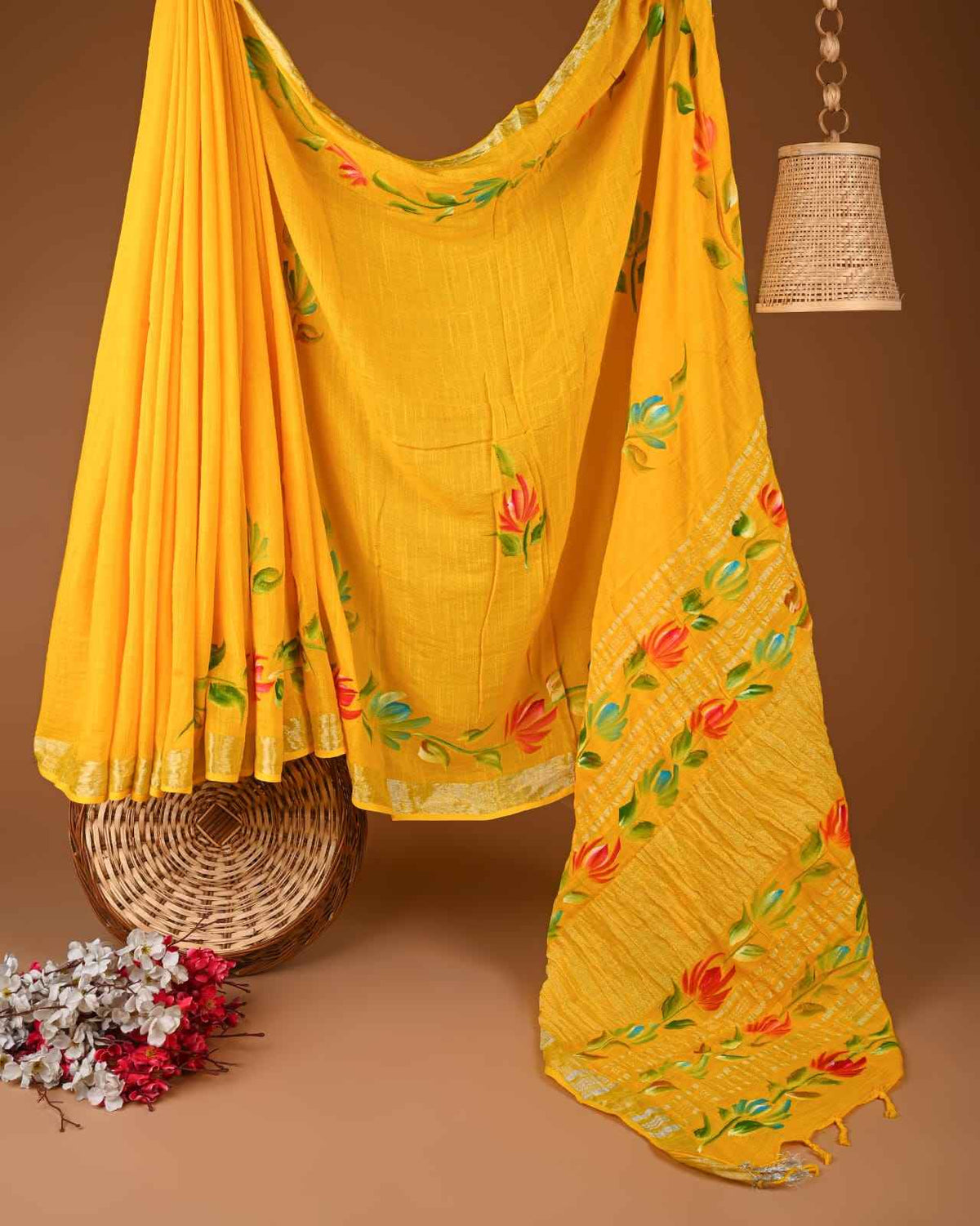 Sunshine Floral Delight Hand Block Printed Linen Saree