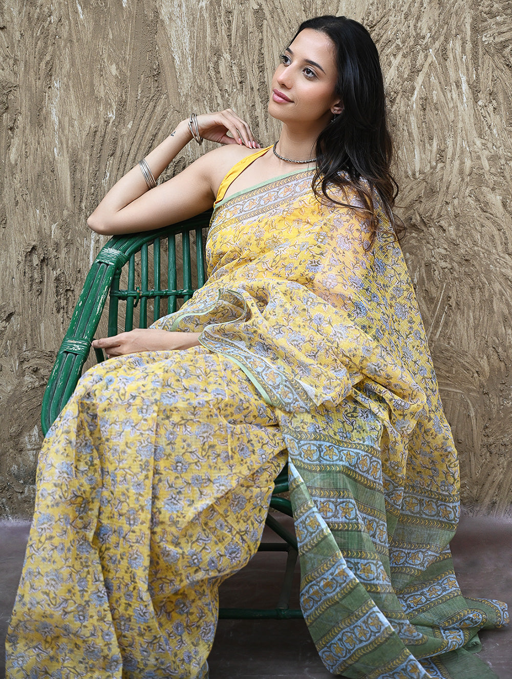 Sanganer Summers : Hand Block Printed Kota Doria Saree - Peet Pushpjaal