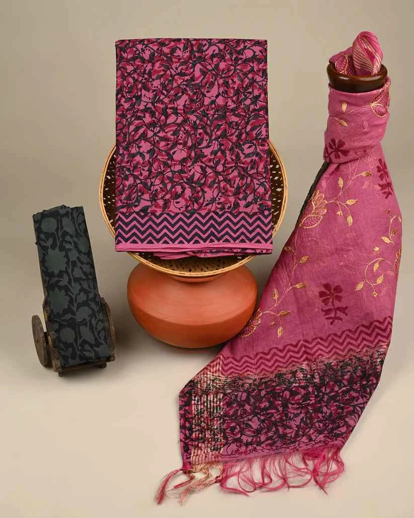 Pink And Blue Print Cotton Suit With Chanderi Dupatta