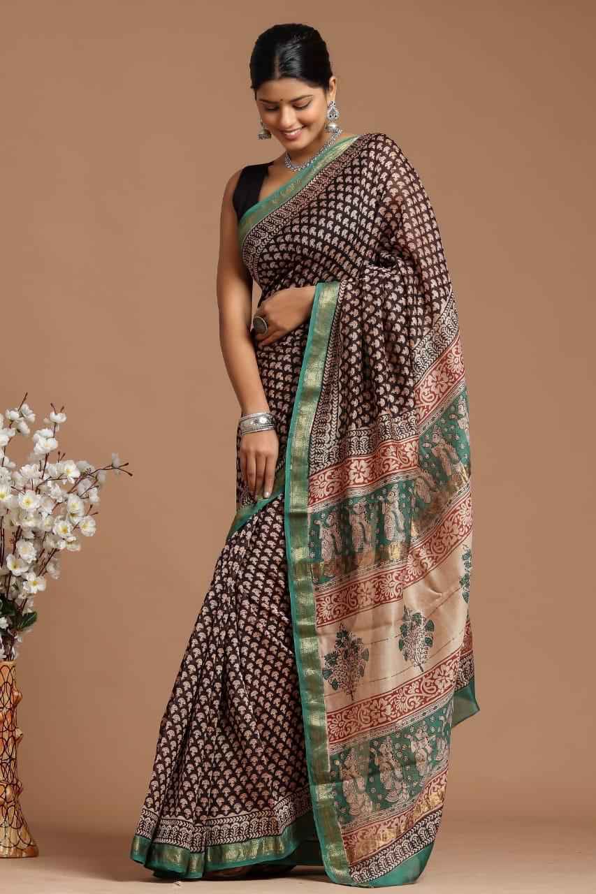 Crimson Blossom Geometric Bagru Saree