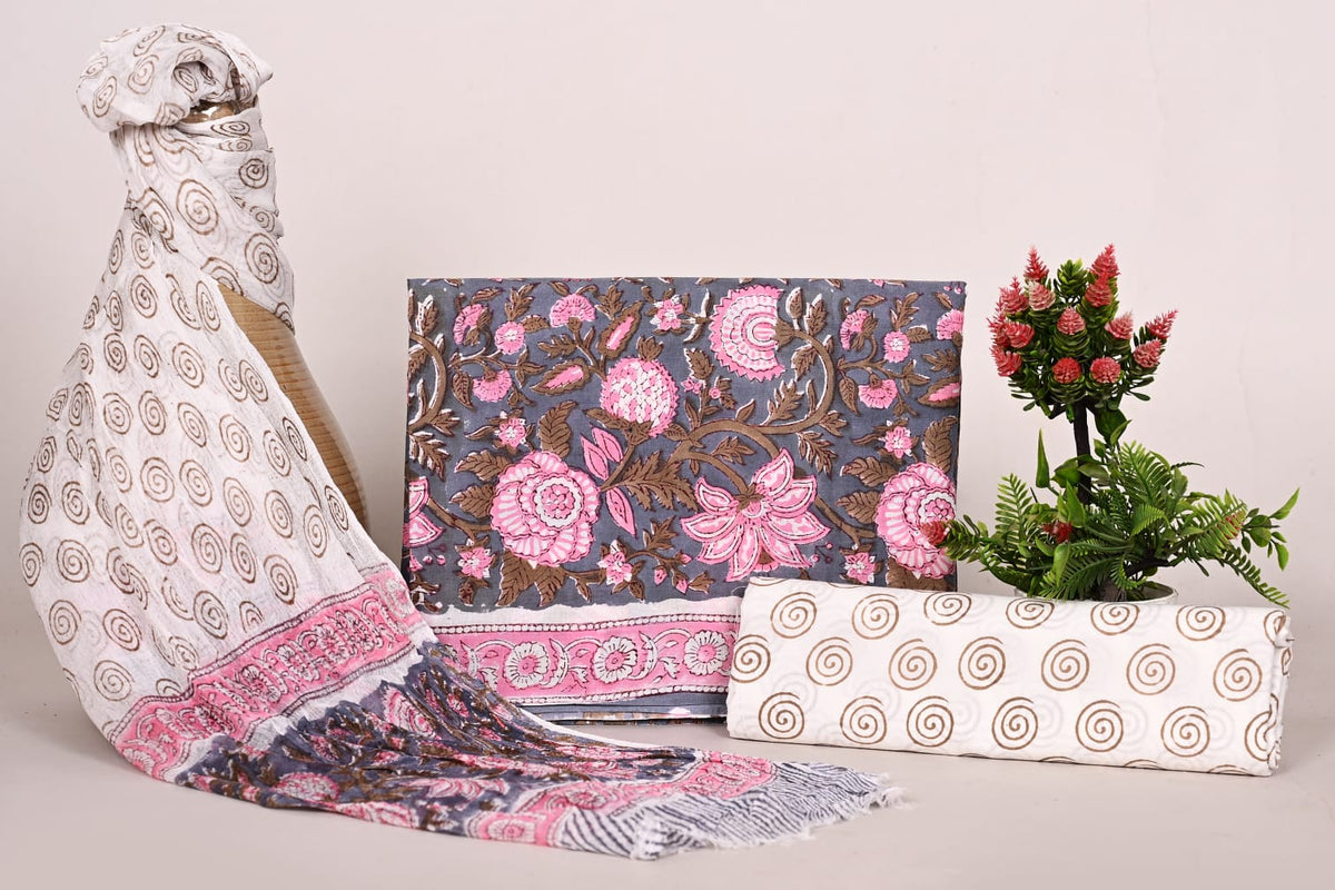Designer Floral Cotton Unstitched Suit Material Set