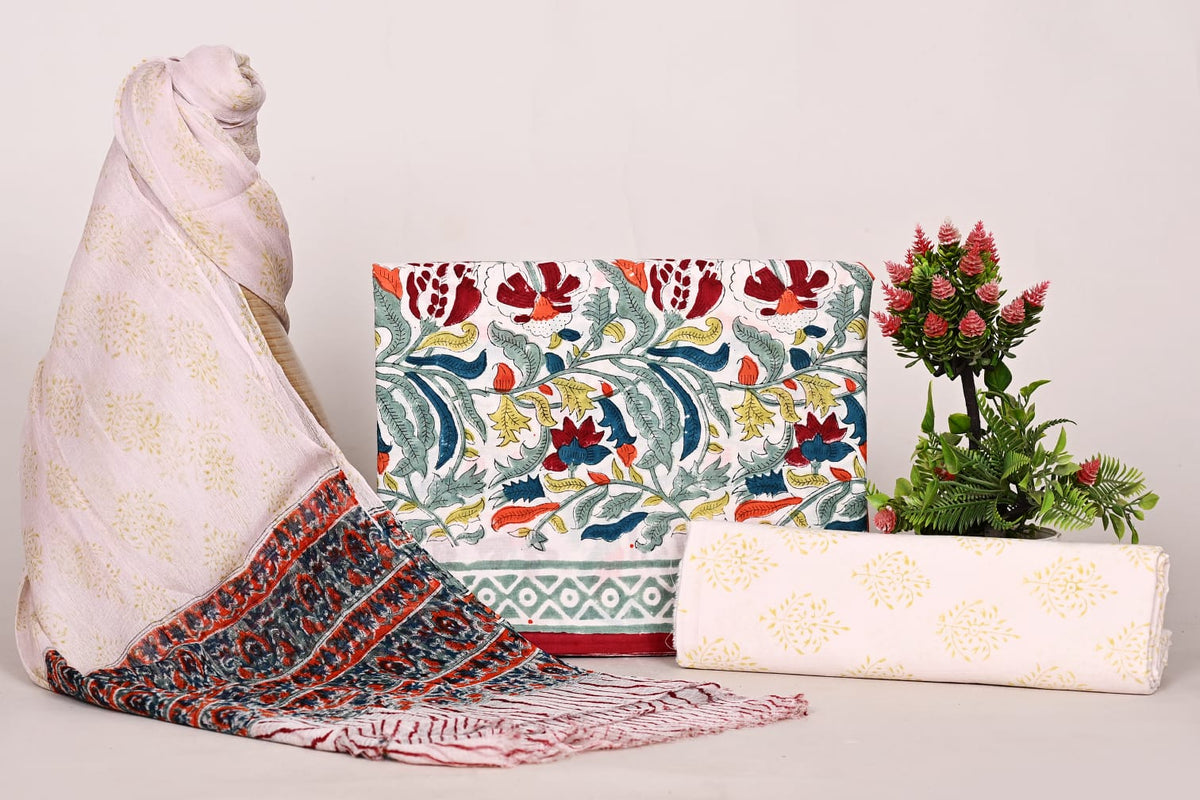 Designer Printed Cotton Suit with Chiffon Dupatta Online