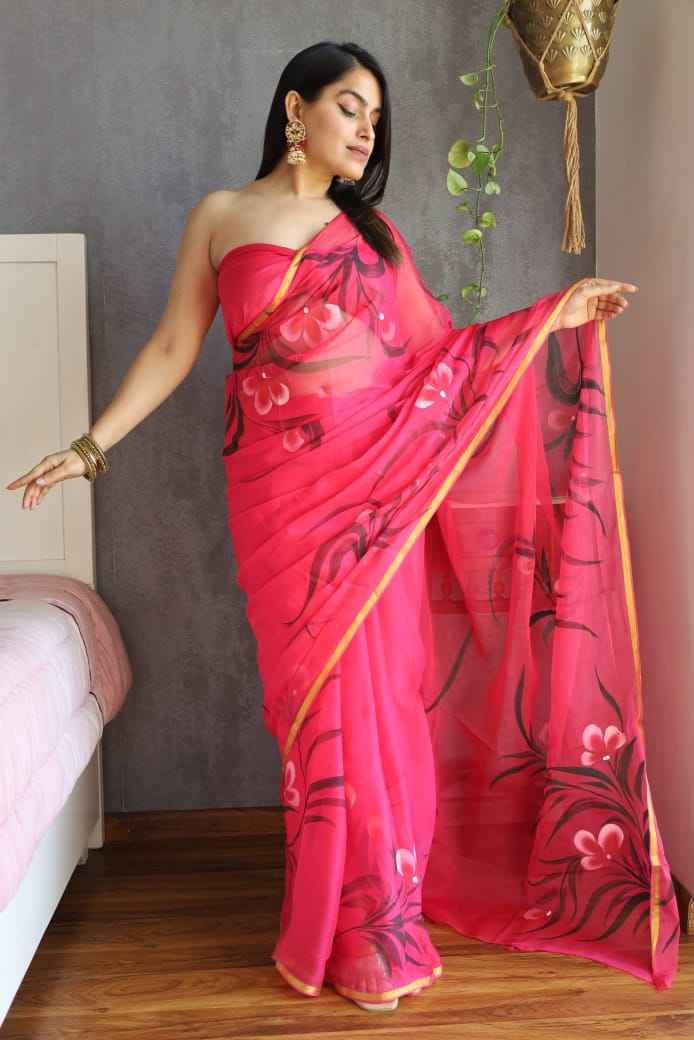 Vibrant Fuchsia Floral Chiffon Saree
