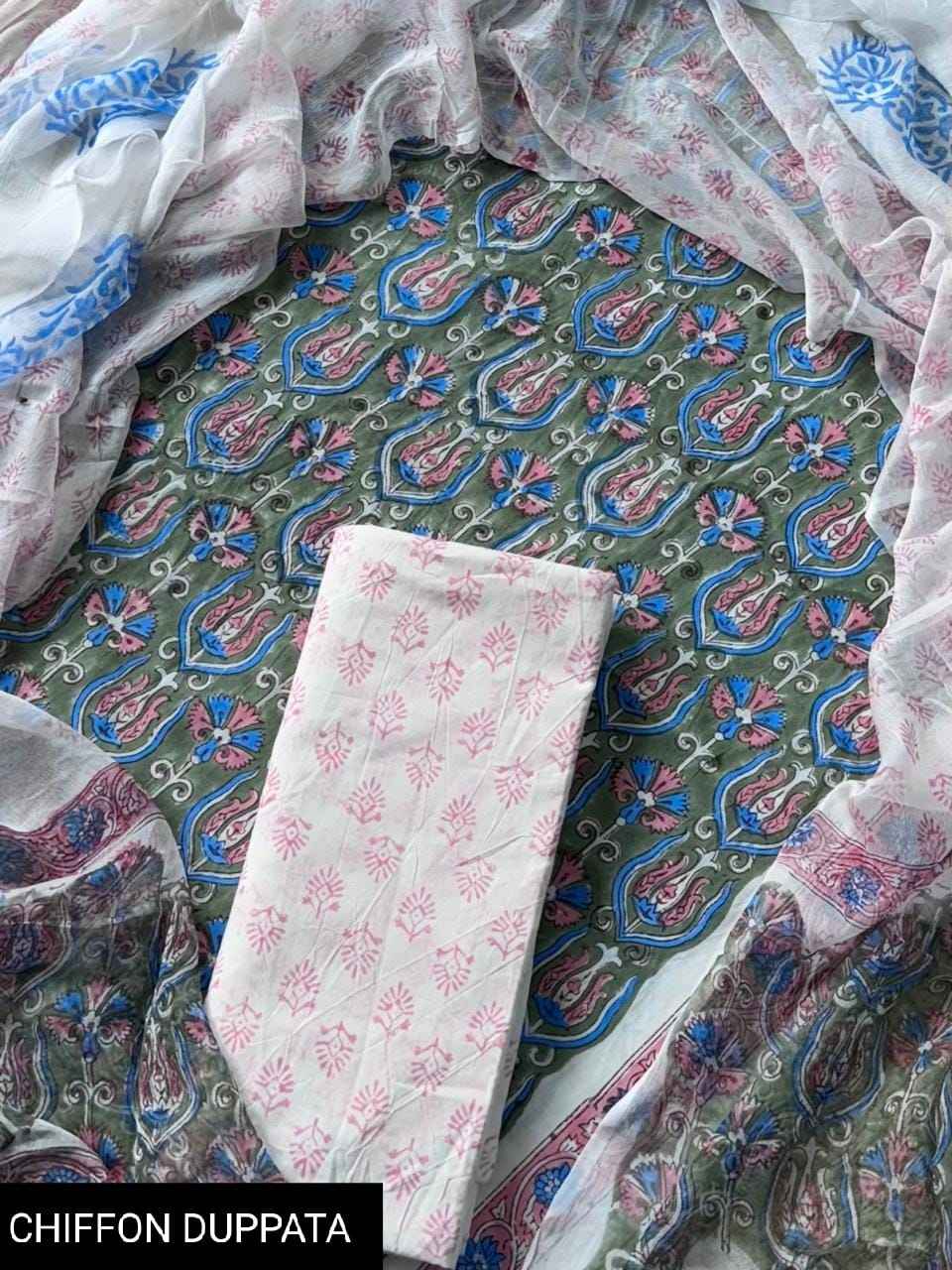 Hand Block Printed Pure Cotton Suit Sets With Chiffon Dupatta