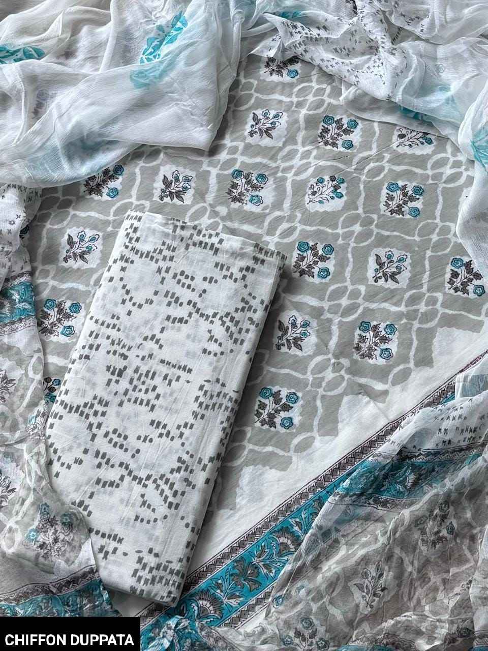 Hand Block Printed Pure Cotton Suit Sets With Chiffon Dupatta