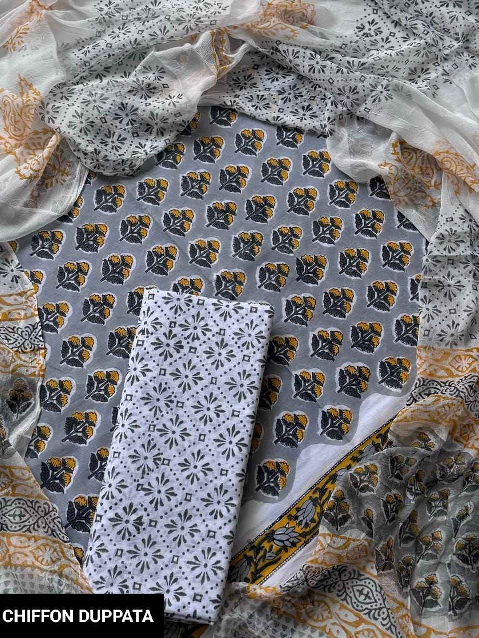 Hand Block Printed Pure Cotton Suit Sets With Chiffon Dupatta