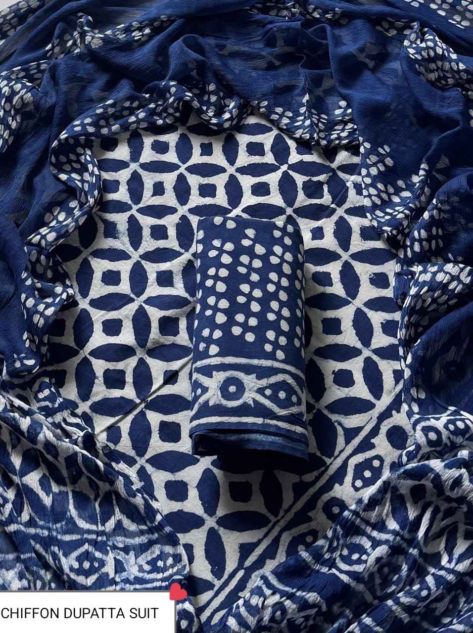Hand Block Printed Pure Cotton Suit Sets With Chiffon Dupatta